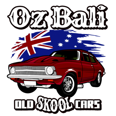 Red vintage car with Australian flag background and "Oz Bali Old Skool Cars" text.